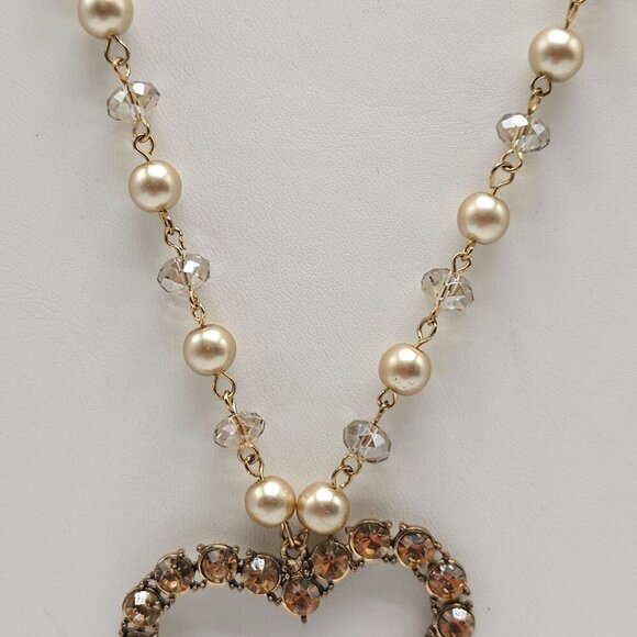 Vintage Heart Pendant Necklace With Faux Pearls Rhinestones Gold Tone Chain - Picture 3 of 6